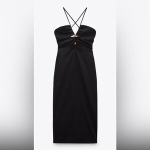 Black Halter-Style Ruched Midi Dress